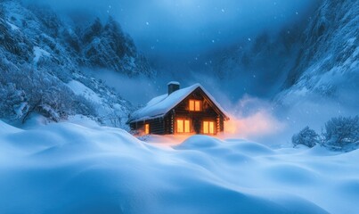 A small cabin is lit up by a fire in the middle of a snowy field