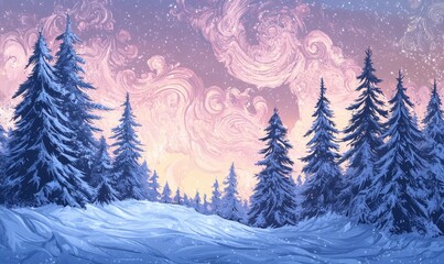 A snowy landscape with trees and a sky