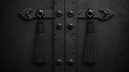 Intricately designed black door with ornate metal fixtures and tassels, perfect for illustrating themes of mystery, elegance, or Gothic decor, Ideal for architectural or interior design projects,