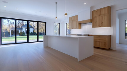 A modern kitchen with wooden cabinets and an island, featuring large windows that offer natural light and a view of the outdoors.