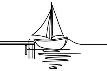 sailboat at the pier on the shore. Continuous line drawing. Illustration, vector