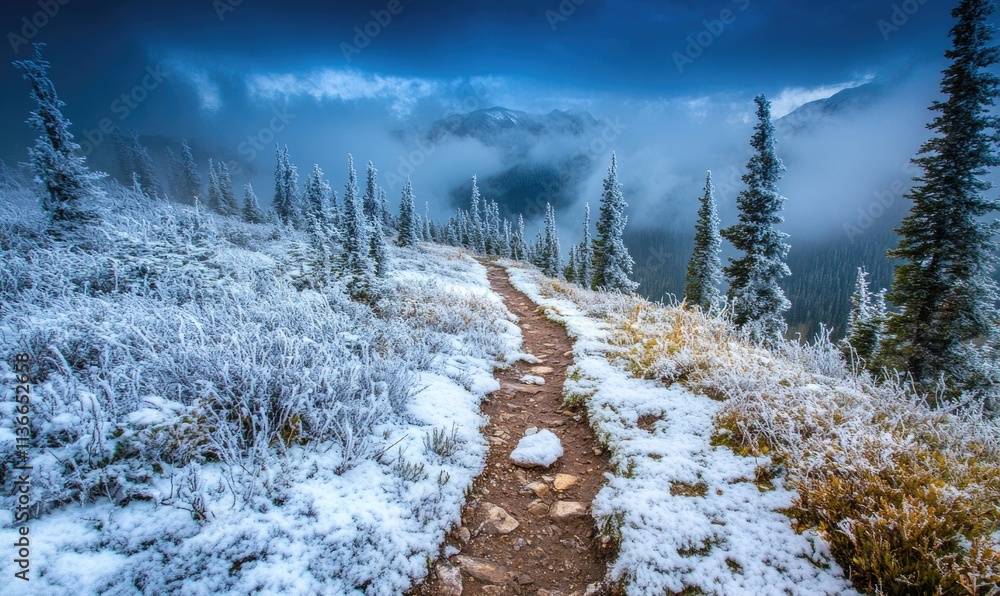 Poster a snow covered path with trees in the background
