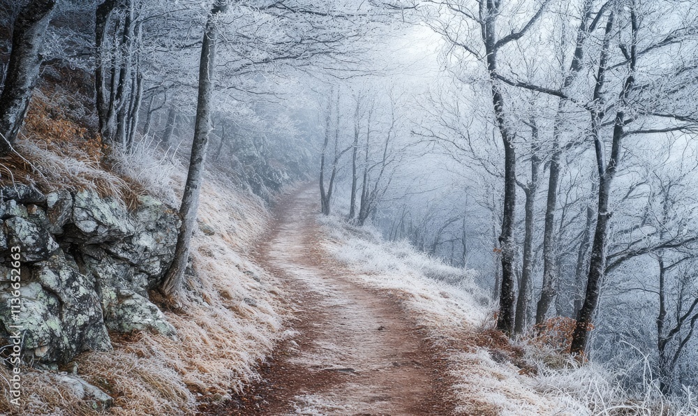 Poster a snow covered path with trees in the background