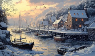 A painting of a snowy harbor with several boats and houses