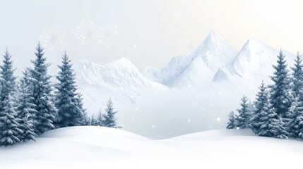 Fototapeta premium A serene winter landscape featuring snow-covered mountains and evergreen trees, perfect for holiday cards, seasonal promotions, or winter-themed designs, The soft colors evoke tranquility and beauty,