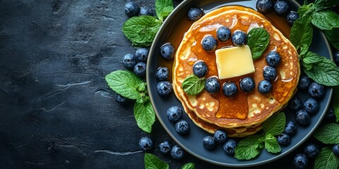 A stack of pancakes topped with butter berries syrup, served with a cup of coffee