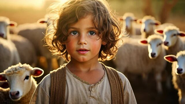 Little Jesus Christ as child tending sheep on pasture, symbolizing early life lessons, faith, compassion in a rural setting surrounded by nature, highlighting religious themes and biblical stories.