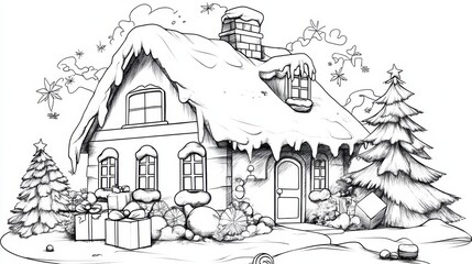 A charming winter scene features a snow-covered cottage surrounded by decorated trees and presents, perfect for holiday-themed illustrations, greeting cards, or seasonal decorations,