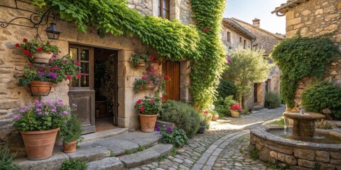 Fototapeta premium A charming stone cottage adorned with vibrant flowers and lush greenery stands invitingly on a cobblestone street, a tranquil fountain adding to the picturesque scene.