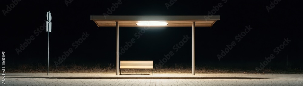 Poster a solitary bus stop illuminated at night, featuring a bench and a signpost, creating a serene and co