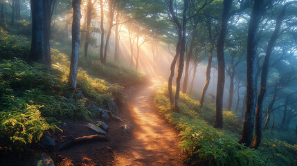 Fototapeta premium Misty forest pathway bathed in golden light during early morning hours