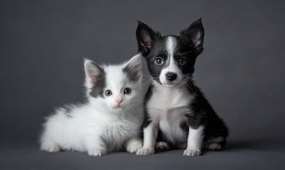 A Turkish Van kitten and a Border Collie puppy sitting together on a gray background