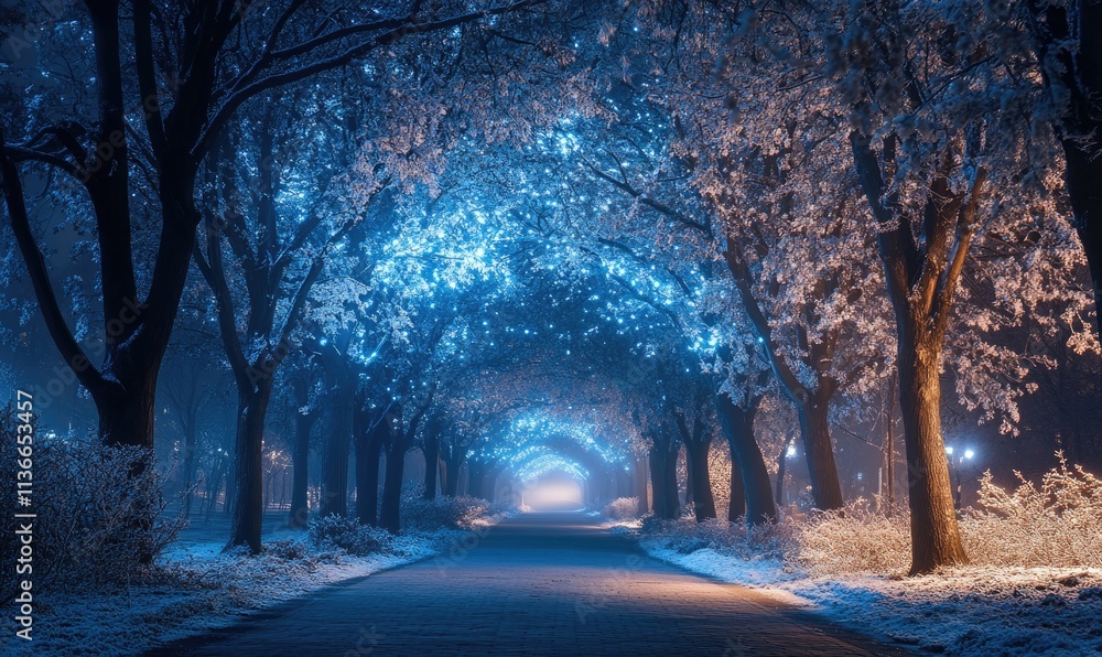Poster a path through a forest with blue lights on the trees