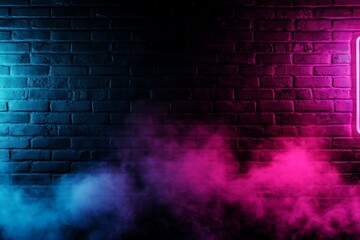 Abstract background featuring a dark brick wall, neon pink and blue lights, and smoke creating a moody atmosphere for a mock-up or photoshoot.
