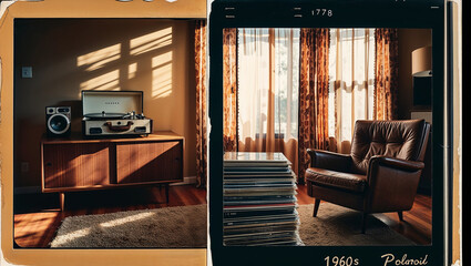 "A 1960s mid-century house interior captured through a vintage polaroid filter, showcasing a cozy living room with a retro record player, a stack of vinyl records, and a classic leather armchair, with
