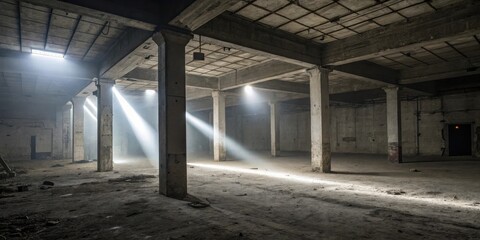 Light beams illuminate the interior of an abandoned warehouse, casting long shadows across the dusty concrete floor.