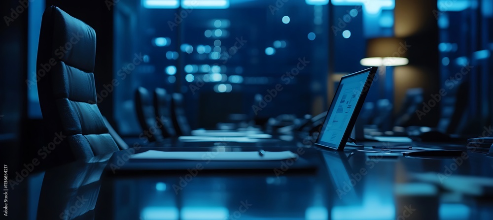 Poster a dynamic image of a business presentation with a focus on the speaker and the large screen displayi