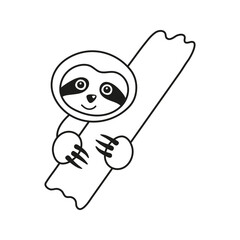 Playful sloth hugs wooden board doodle. Hand drawn funny tropical bear