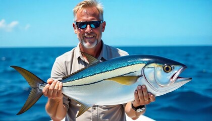 Sport fishing for deep sea on a yacht in the ocean. A contented male angler clutching a larger, grenadier fish