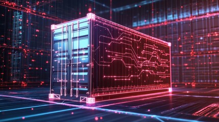 Futuristic digital container with neon circuit patterns and glowing network data.