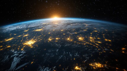 Obraz premium Earth at Night with City Lights Illuminated Under a Stunning Sunrise from Space