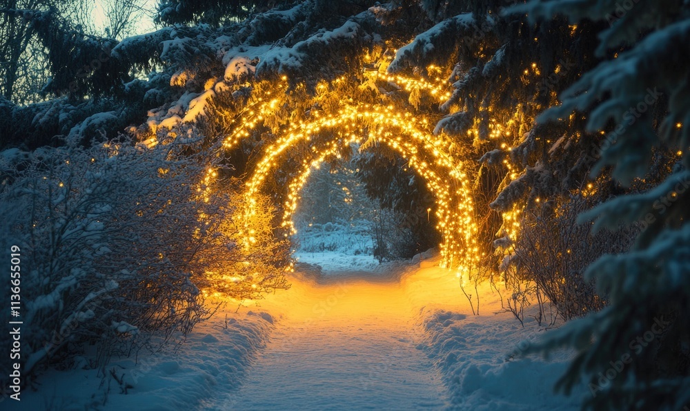 Poster a path through a forest with a lighted archway