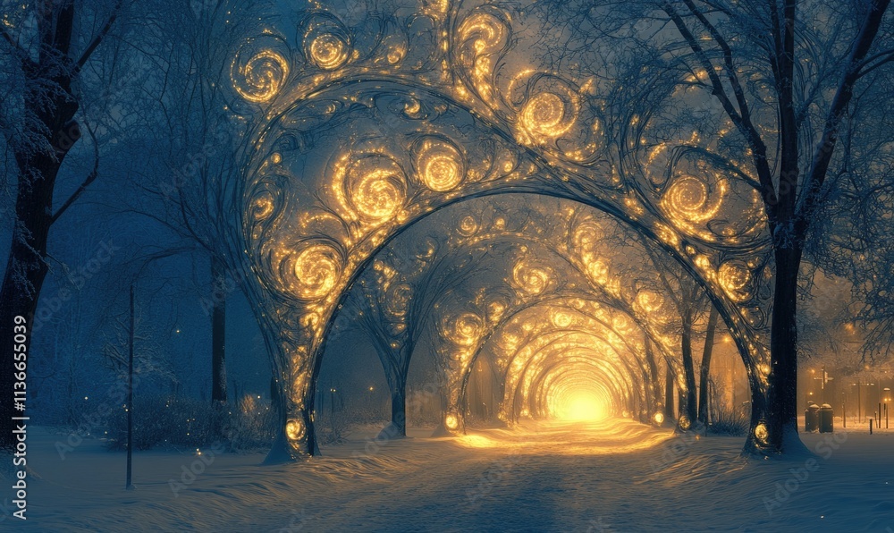 Poster a snow covered path with a tunnel in the middle