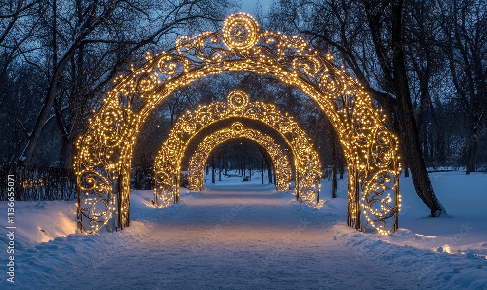 Poster a walkway with a large archway lit up with lights