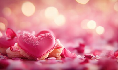Obraz premium A pink heart shaped cookie is on a pink background
