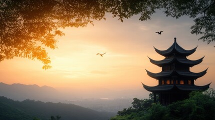 Obraz premium A serene sunset view features a traditional pagoda nestled among lush greenery, with silhouettes of mountains in the background, Perfect for travel blogs, lifestyle articles