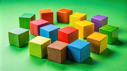 Obraz premium A vibrant arrangement of colorful wooden blocks forming a circular pattern on a green background.