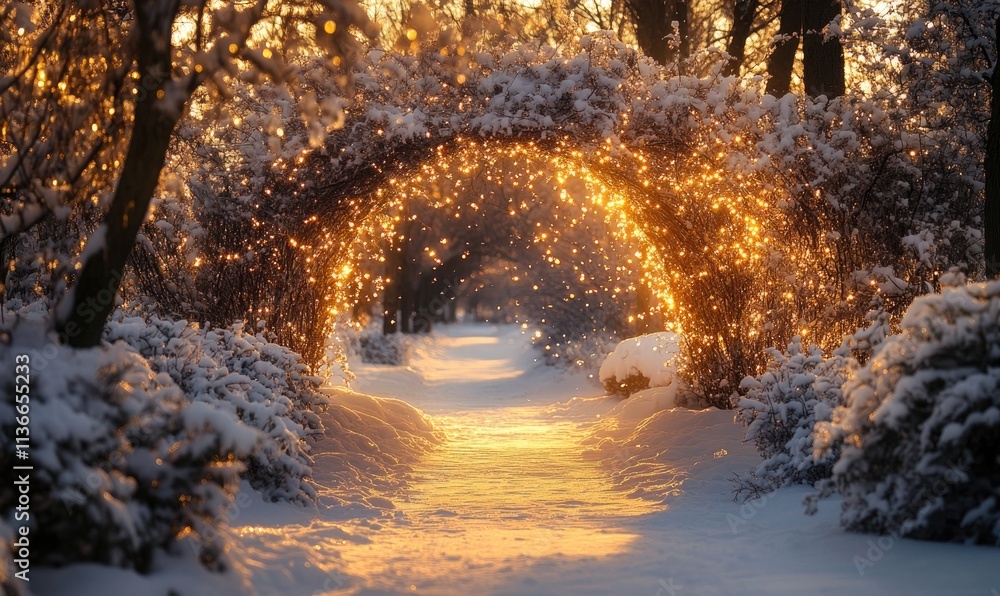 Poster a path through a snowy forest with a lighted archway