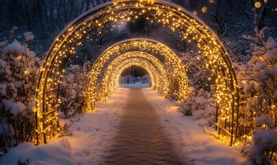 A walkway with lights is lit up in the snow