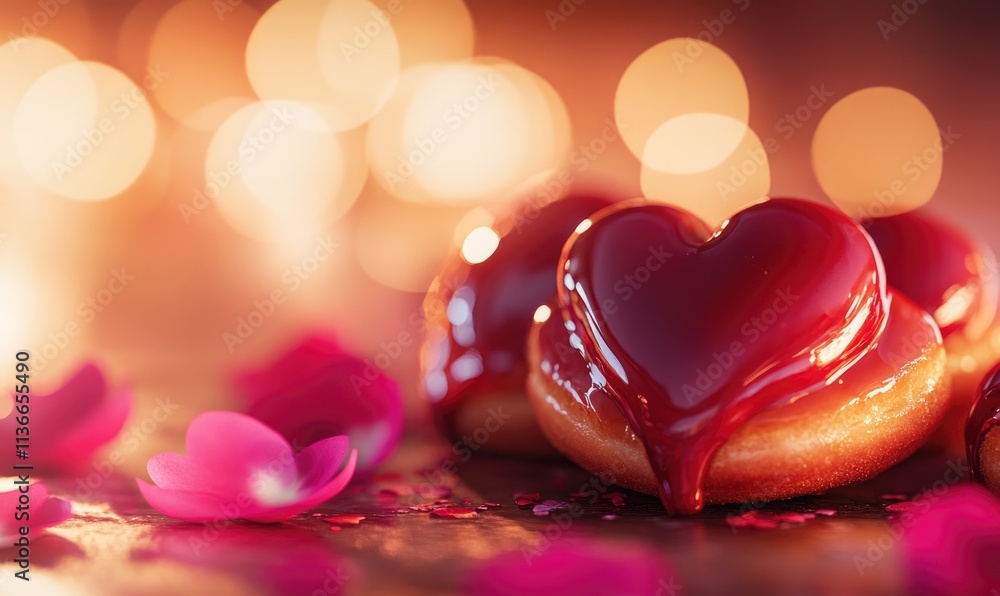 Poster a heart shaped donut with red frosting is on a table