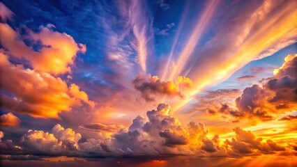 Fototapeta premium A celestial panorama of vibrant hues as the sun dips below the horizon, painting the sky with shades of orange, pink, and blue, casting long rays of light through the clouds.