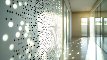 Sunlit hallway with patterned perforated wall.