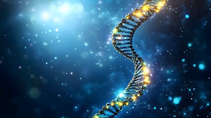 A visually stunning DNA strand breaking, with bright, glowing particles floating away against a dark blue background.


