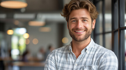Fototapeta premium Confident and cheerful young man with wavy hair and a natural smile, standing in a modern, well-lit coworking space, exuding a relaxed and approachable demeanor in a casual yet professional environmen