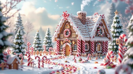 Enchanted gingerbread house in a snowy winter wonderland. Festive Christmas scene with candy canes, sweets, and twinkling lights. Perfect for holiday cards, websites, and more