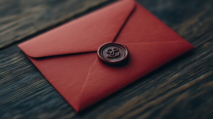 A close-up of a red envelope sealed with a wax stamp, resting on a rustic wooden table, This image is ideal for themes of love, correspondence, or vintage aesthetics in invitations and greeting cards