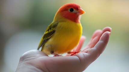 Obraz premium A vibrant canary perched on a hand, showcasing its bright yellow and red feathers in a natural, warm light