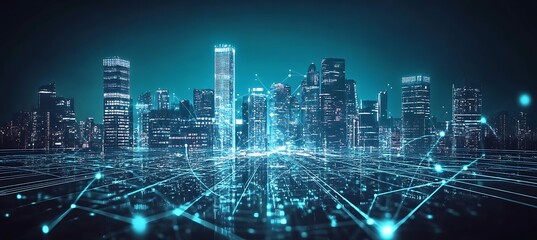 Obraz premium A futuristic representation of a business city with glowing skyscrapers and digital networks connecting them, set against a dark background