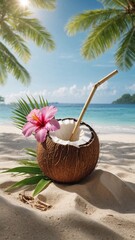 Close-up of a tropical coconut drink with a bamboo straw and pink hibiscus flower, resting on soft sand with lush palm trees and turquoise ocean in the background.