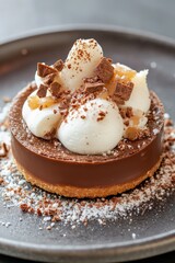 Fototapeta premium Decadent Chocolate Tart with Cream and Chunks of Chocolate Topped with Whipped Cream and Cocoa on a Rustic Plate Surrounded by Fine Powdered Sugar