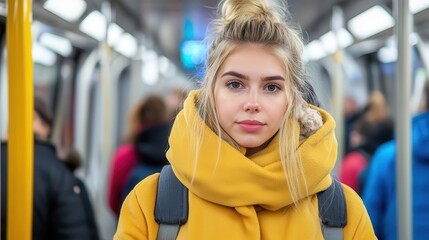 Fototapeta premium Young woman in a yellow coat standing in a subway, surrounded by commuters.