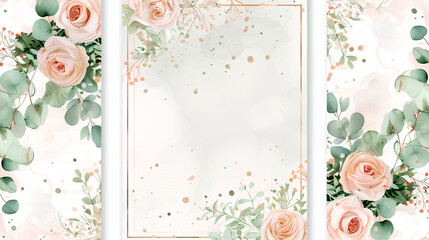 Watercolor blush pink and sage green floral bouquet on a white background, with eucalyptus leaves, roses, baby's breath, wildflowers, and small gold accents