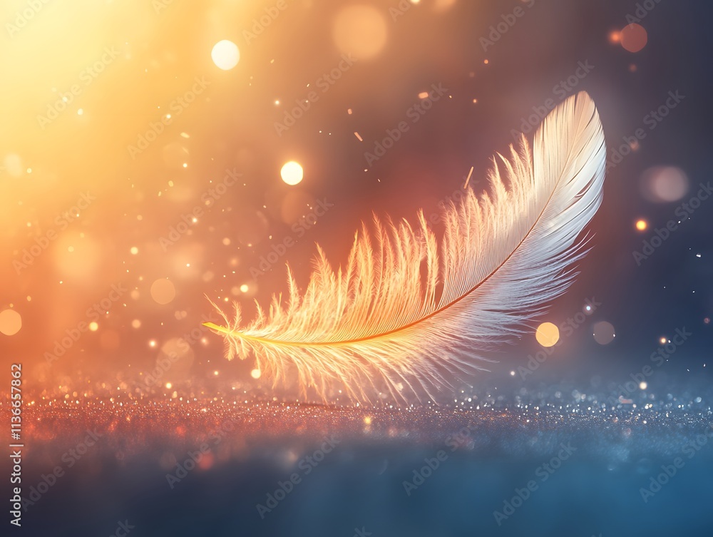 Aufkleber Delicate White Feather Floating Gracefully in a Dreamy Colorful Background with Soft Bokeh Lights, Perfect for Representing Freedom and Lightness