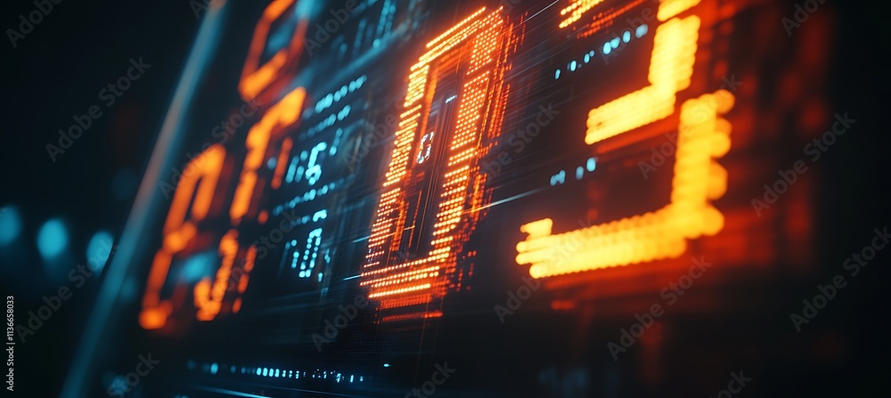 Poster a futuristic image of a digital clock with glowing numbers, representing time management in business