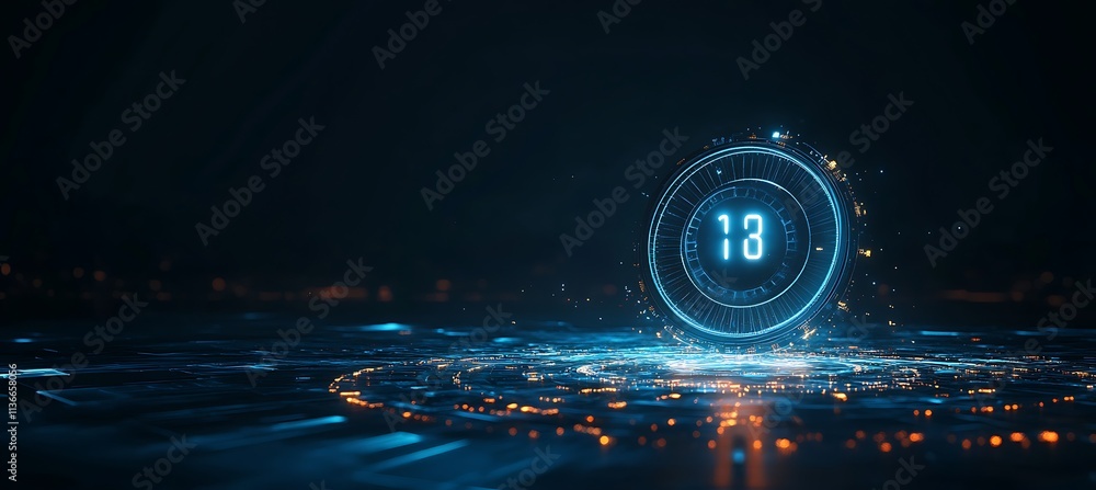 Poster a futuristic image of a digital clock with glowing numbers, representing time management in business