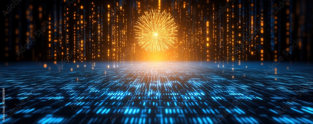 Poster a vibrant digital visualization featuring a burst of light resembling fireworks, set against a backd